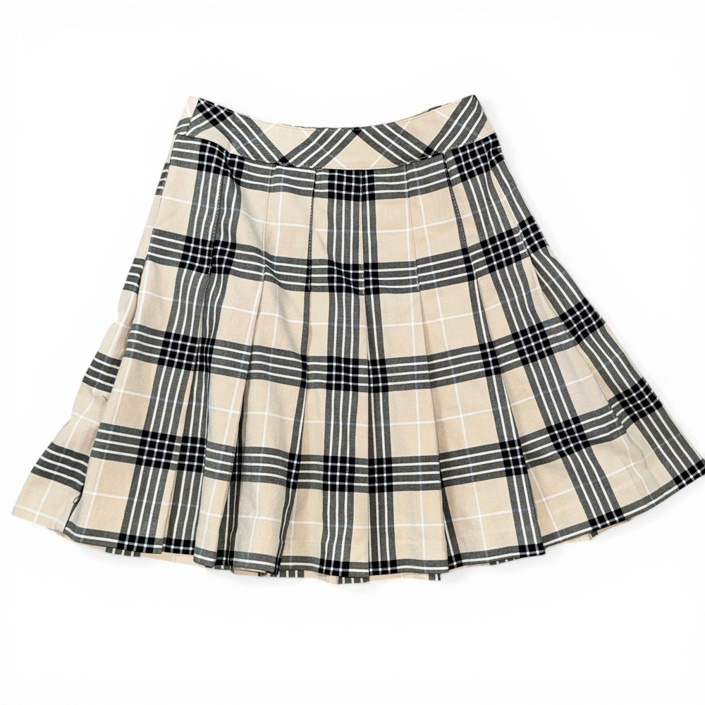 New H&M Divided Tan Plaid Pleated Mini Skirt Size 0 Preppy Dark Academia Tartan